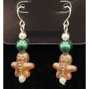 Handmade Glass Gingerbread Man with Green & Faux Pearl Earrings by Neanie-Bot